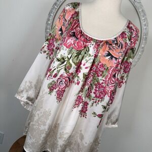Avenue Boho Floral Blouse Shirt Women 18 20 White Pink Red Peasant Cottage Core